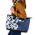 New Zealand Maori Mo Bros Leather Tote Bag Blue Ribbon With Koru Kowhaiwhai - Aussie Hoodie