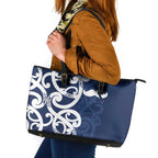 New Zealand Maori Mo Bros Leather Tote Bag Blue Ribbon With Koru Kowhaiwhai - Aussie Hoodie