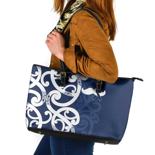 New Zealand Maori Mo Bros Leather Tote Bag Blue Ribbon With Koru Kowhaiwhai - Aussie Hoodie