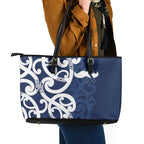 New Zealand Maori Mo Bros Leather Tote Bag Blue Ribbon With Koru Kowhaiwhai - Aussie Hoodie