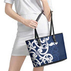 New Zealand Maori Mo Bros Leather Tote Bag Blue Ribbon With Koru Kowhaiwhai - Aussie Hoodie