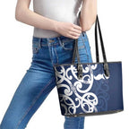 New Zealand Maori Mo Bros Leather Tote Bag Blue Ribbon With Koru Kowhaiwhai - Aussie Hoodie