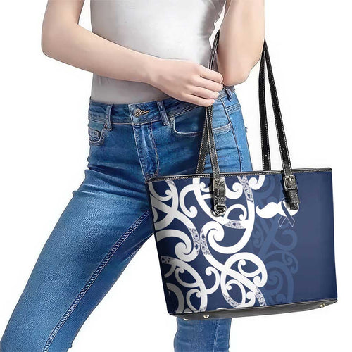 New Zealand Maori Mo Bros Leather Tote Bag Blue Ribbon With Koru Kowhaiwhai - Aussie Hoodie
