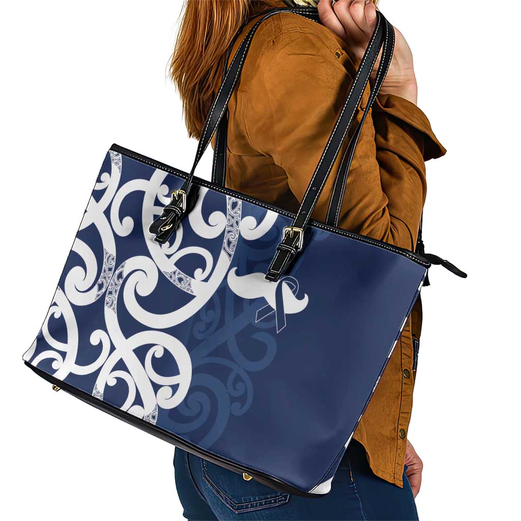 New Zealand Maori Mo Bros Leather Tote Bag Blue Ribbon With Koru Kowhaiwhai - Aussie Hoodie
