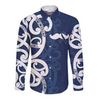 New Zealand Maori Mo Bros Long Sleeve Button Shirt Blue Ribbon With Koru Kowhaiwhai - Aussie Hoodie
