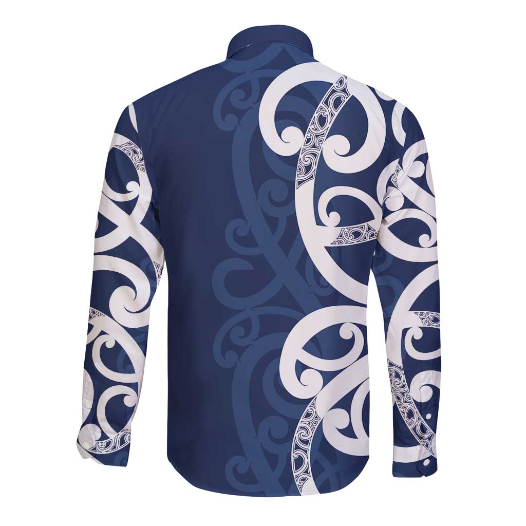 New Zealand Maori Mo Bros Long Sleeve Button Shirt Blue Ribbon With Koru Kowhaiwhai - Aussie Hoodie