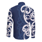 New Zealand Maori Mo Bros Long Sleeve Button Shirt Blue Ribbon With Koru Kowhaiwhai - Aussie Hoodie