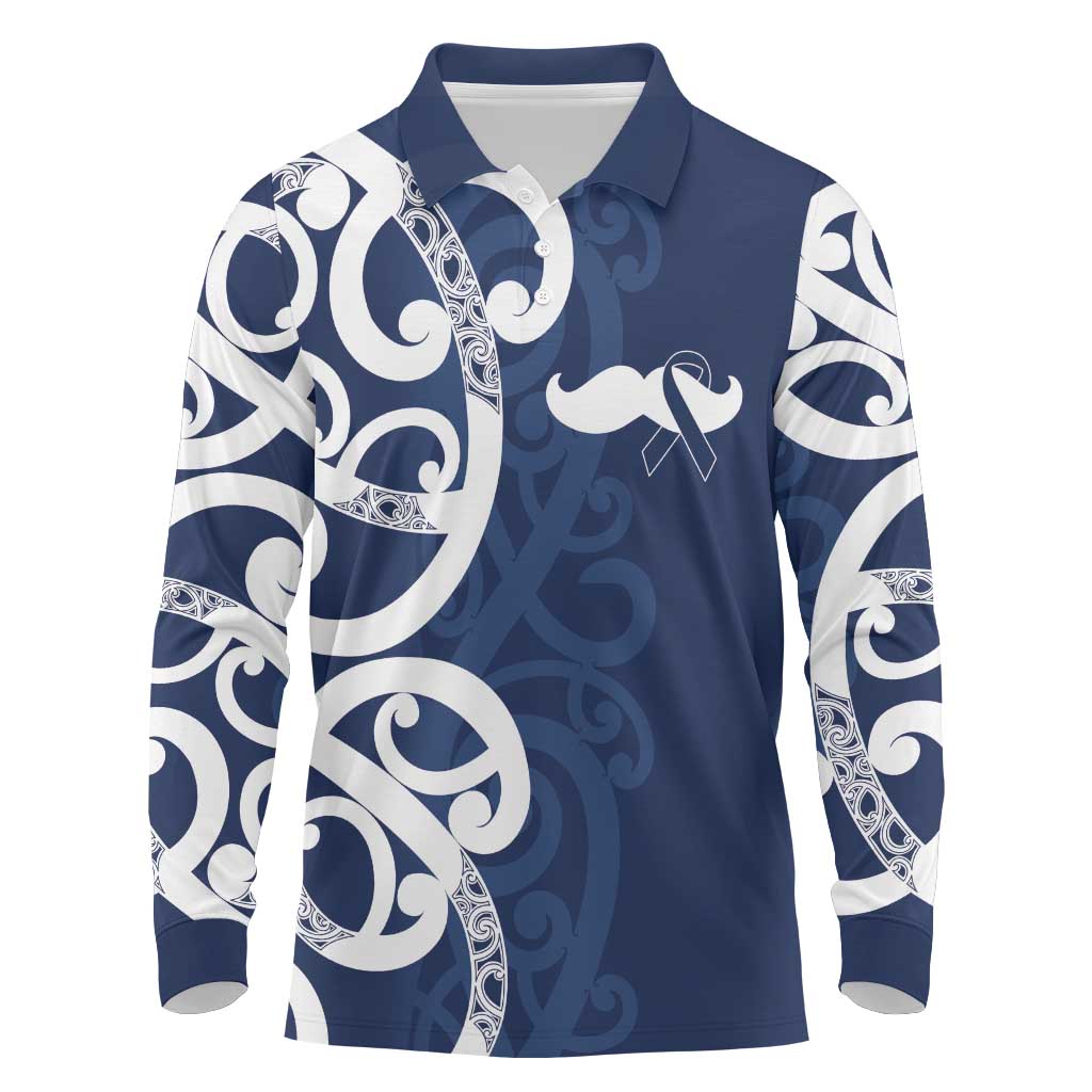 New Zealand Maori Mo Bros Long Sleeve Polo Shirt Blue Ribbon With Koru Kowhaiwhai - Aussie Hoodie