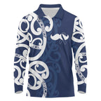 New Zealand Maori Mo Bros Long Sleeve Polo Shirt Blue Ribbon With Koru Kowhaiwhai - Aussie Hoodie
