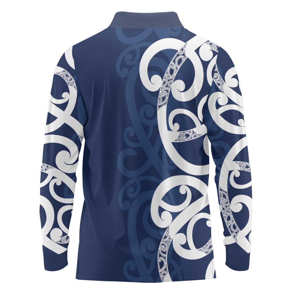 New Zealand Maori Mo Bros Long Sleeve Polo Shirt Blue Ribbon With Koru Kowhaiwhai - Aussie Hoodie