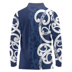 New Zealand Maori Mo Bros Long Sleeve Polo Shirt Blue Ribbon With Koru Kowhaiwhai - Aussie Hoodie