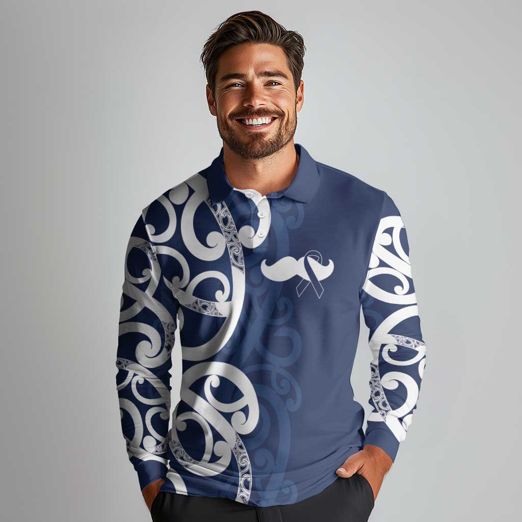 New Zealand Maori Mo Bros Long Sleeve Polo Shirt Blue Ribbon With Koru Kowhaiwhai - Aussie Hoodie