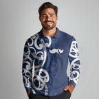 New Zealand Maori Mo Bros Long Sleeve Polo Shirt Blue Ribbon With Koru Kowhaiwhai - Aussie Hoodie