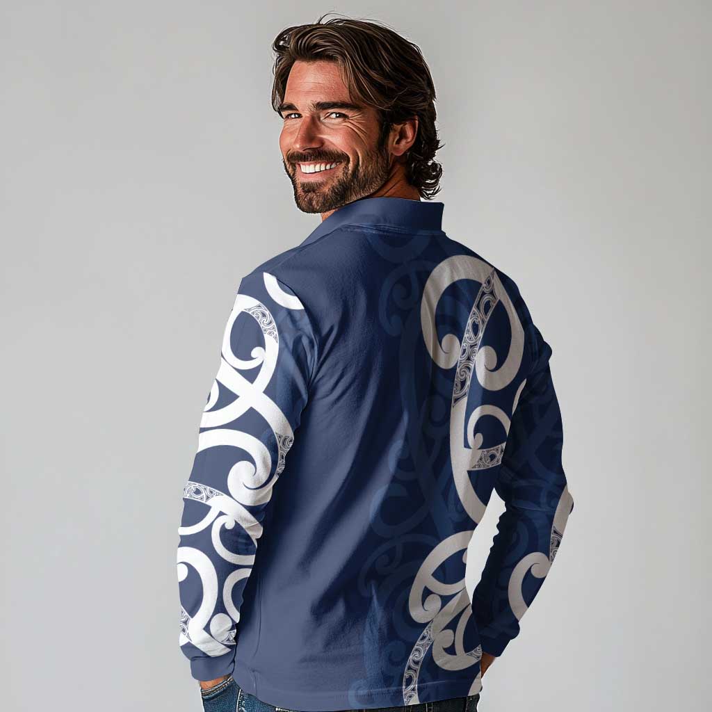 New Zealand Maori Mo Bros Long Sleeve Polo Shirt Blue Ribbon With Koru Kowhaiwhai - Aussie Hoodie