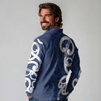 New Zealand Maori Mo Bros Long Sleeve Polo Shirt Blue Ribbon With Koru Kowhaiwhai - Aussie Hoodie