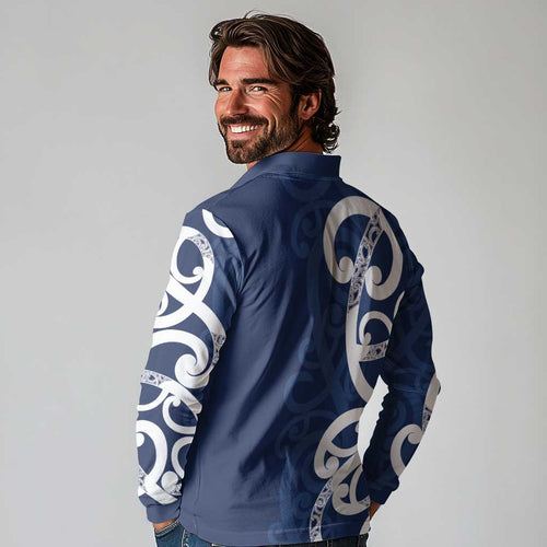 New Zealand Maori Mo Bros Long Sleeve Polo Shirt Blue Ribbon With Koru Kowhaiwhai - Aussie Hoodie