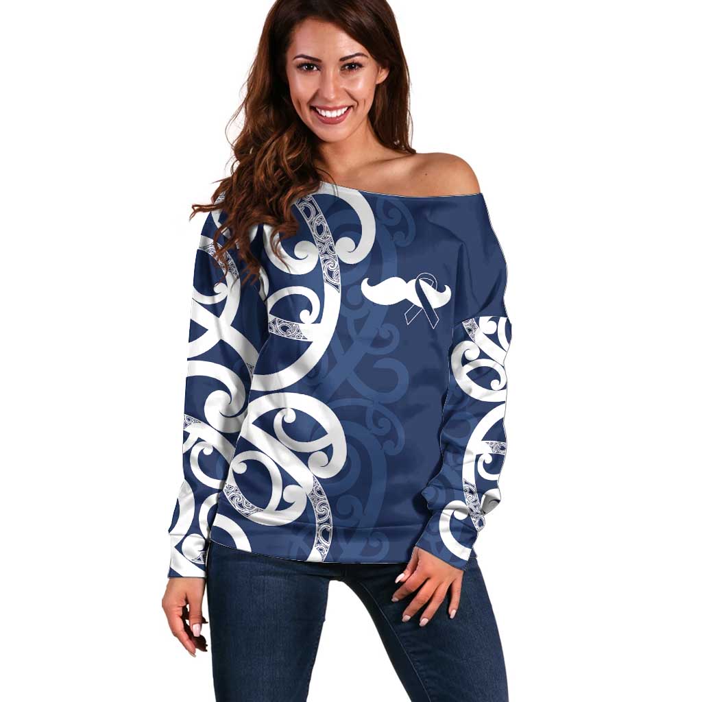 New Zealand Maori Mo Bros Off Shoulder Sweater Blue Ribbon With Koru Kowhaiwhai - Aussie Hoodie