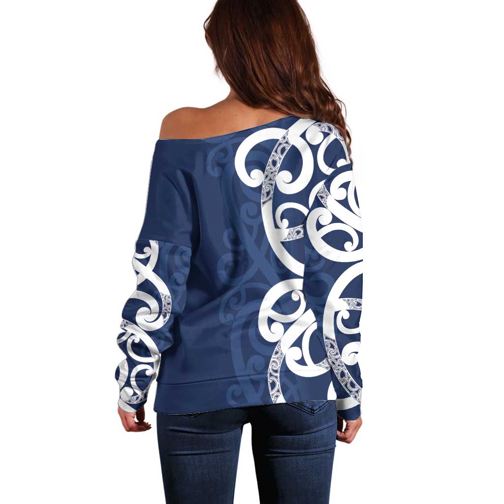 New Zealand Maori Mo Bros Off Shoulder Sweater Blue Ribbon With Koru Kowhaiwhai - Aussie Hoodie
