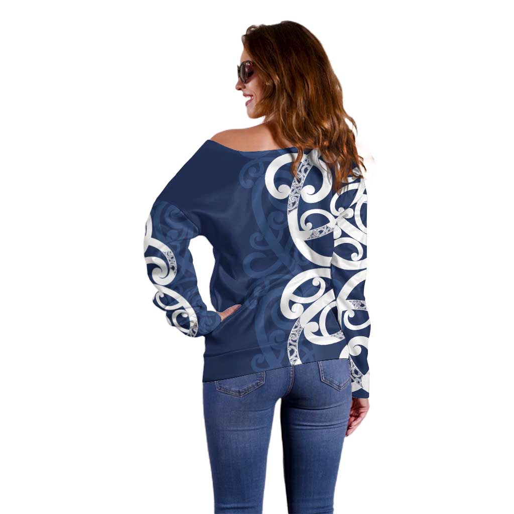New Zealand Maori Mo Bros Off Shoulder Sweater Blue Ribbon With Koru Kowhaiwhai - Aussie Hoodie