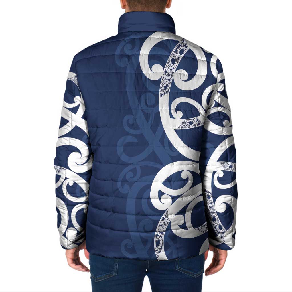 New Zealand Maori Mo Bros Padded Jacket Blue Ribbon With Koru Kowhaiwhai - Aussie Hoodie