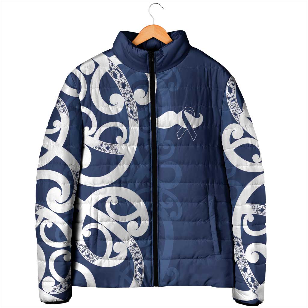 New Zealand Maori Mo Bros Padded Jacket Blue Ribbon With Koru Kowhaiwhai - Aussie Hoodie