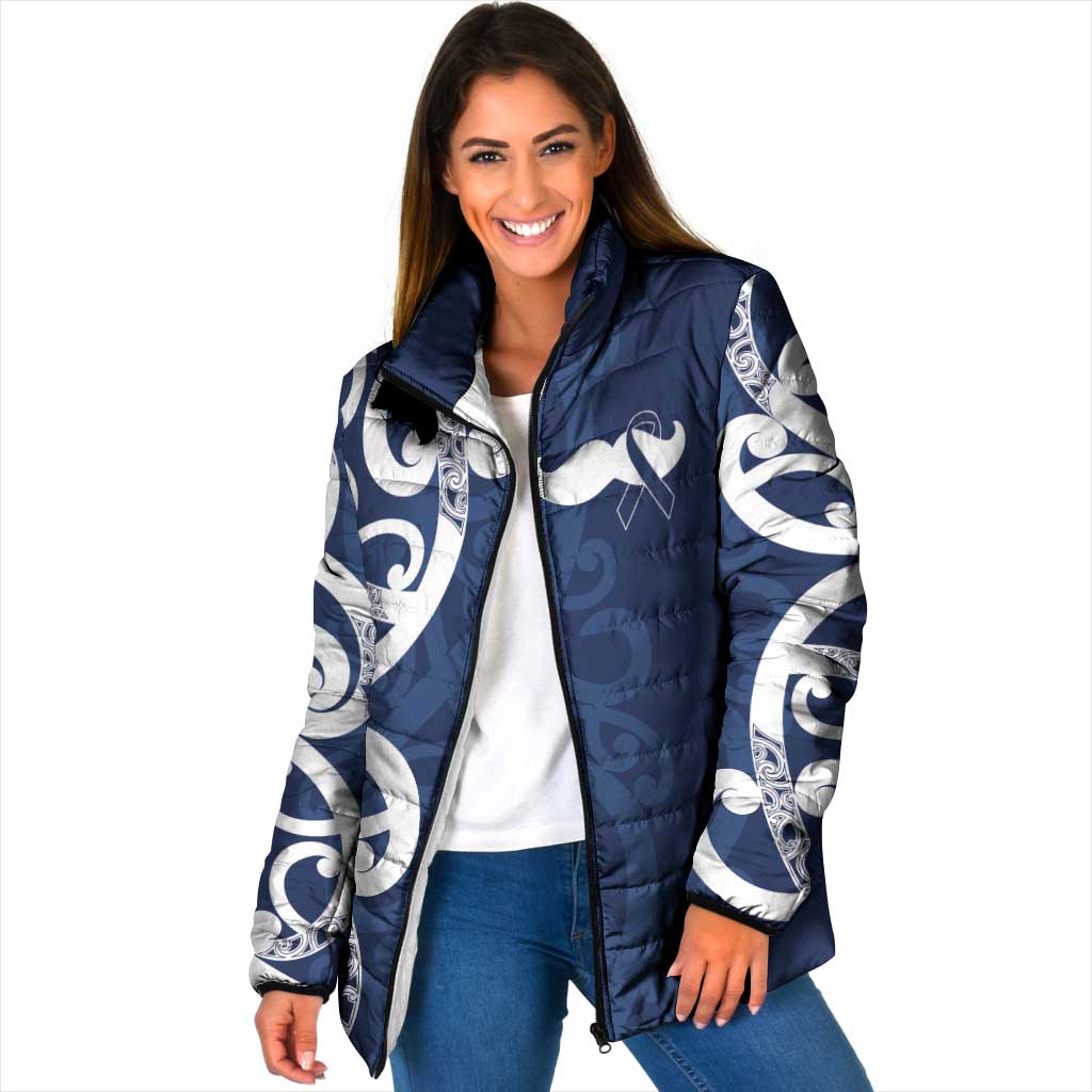 New Zealand Maori Mo Bros Padded Jacket Blue Ribbon With Koru Kowhaiwhai - Aussie Hoodie