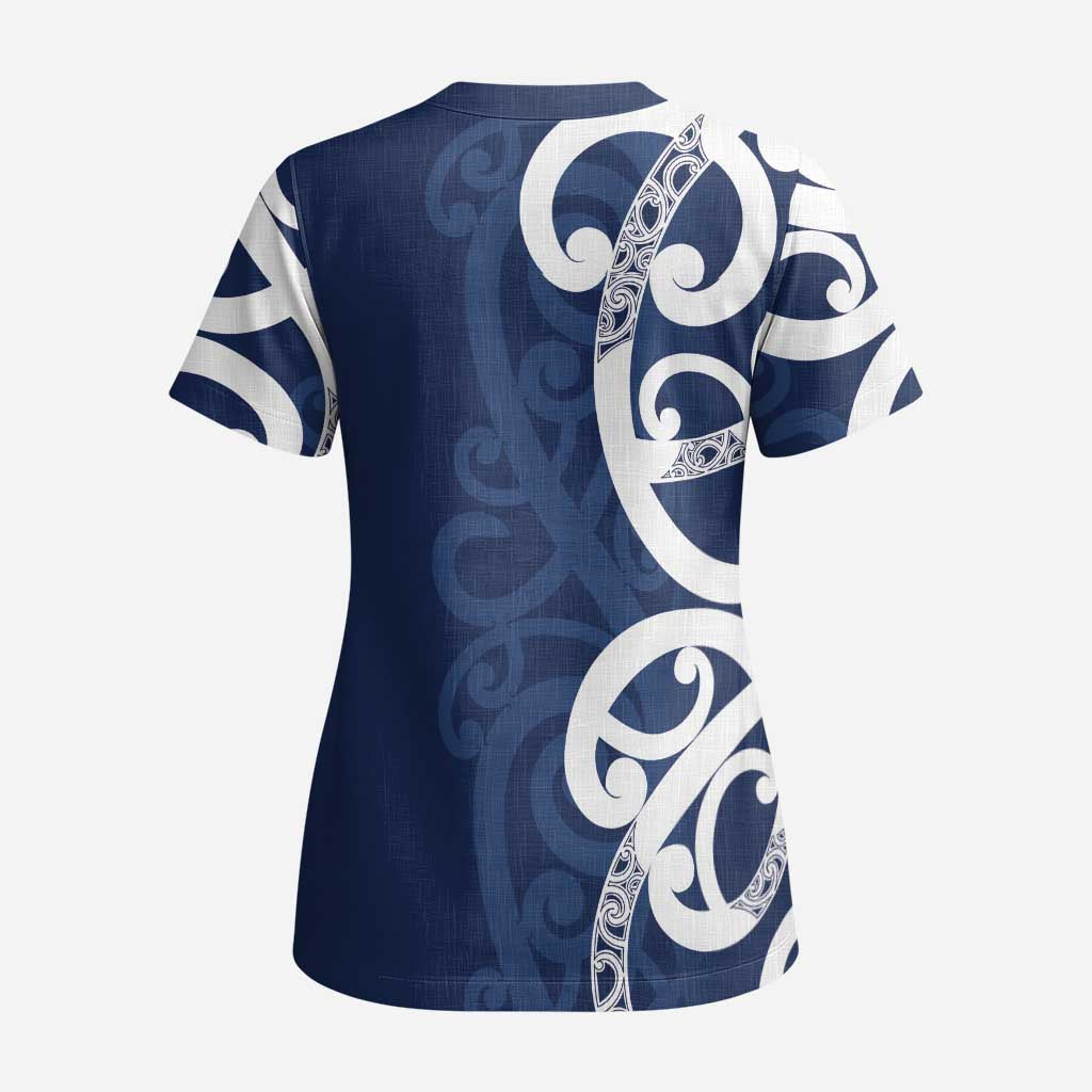 New Zealand Maori Mo Bros Scrub Top Blue Ribbon With Koru Kowhaiwhai - Aussie Hoodie