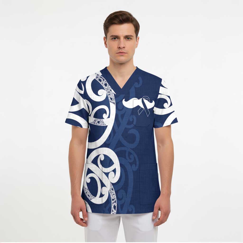 New Zealand Maori Mo Bros Scrub Top Blue Ribbon With Koru Kowhaiwhai - Aussie Hoodie