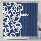 New Zealand Maori Mo Bros Shower Curtain Blue Ribbon With Koru Kowhaiwhai - Aussie Hoodie
