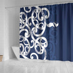 New Zealand Maori Mo Bros Shower Curtain Blue Ribbon With Koru Kowhaiwhai - Aussie Hoodie