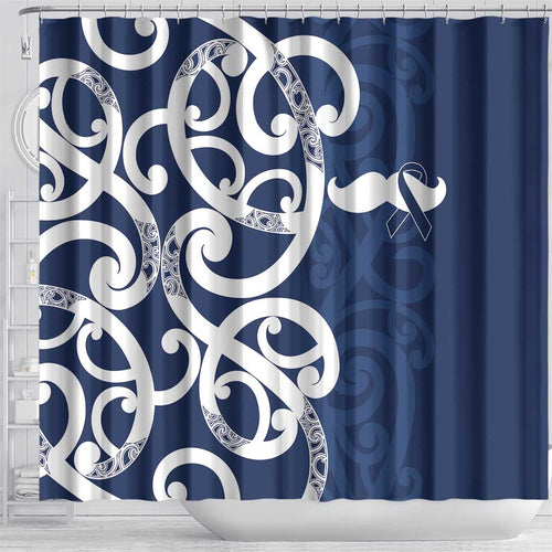 New Zealand Maori Mo Bros Shower Curtain Blue Ribbon With Koru Kowhaiwhai - Aussie Hoodie