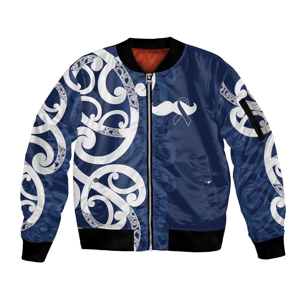 New Zealand Maori Mo Bros Sleeve Zip Bomber Jacket Blue Ribbon With Koru Kowhaiwhai - Aussie Hoodie