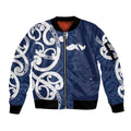 New Zealand Maori Mo Bros Sleeve Zip Bomber Jacket Blue Ribbon With Koru Kowhaiwhai - Aussie Hoodie