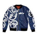 New Zealand Maori Mo Bros Sleeve Zip Bomber Jacket Blue Ribbon With Koru Kowhaiwhai - Aussie Hoodie