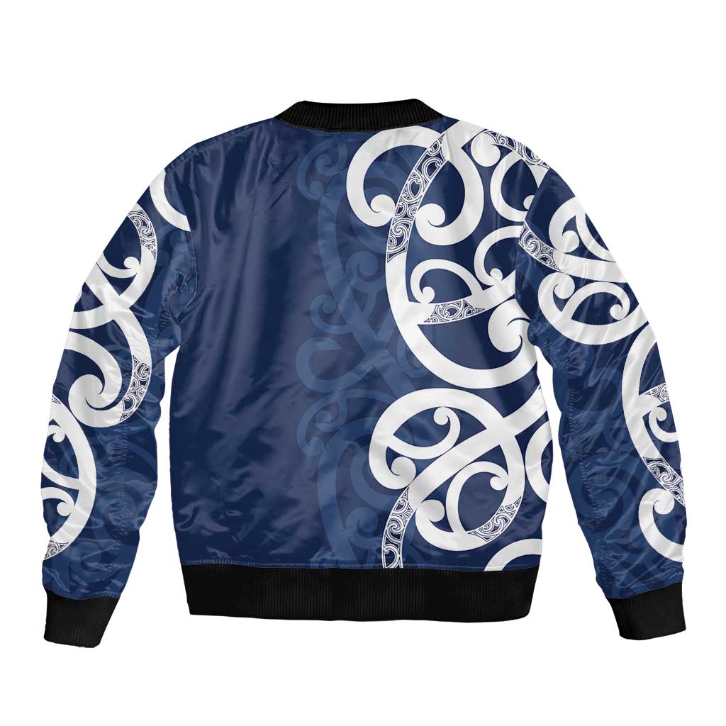 New Zealand Maori Mo Bros Sleeve Zip Bomber Jacket Blue Ribbon With Koru Kowhaiwhai - Aussie Hoodie