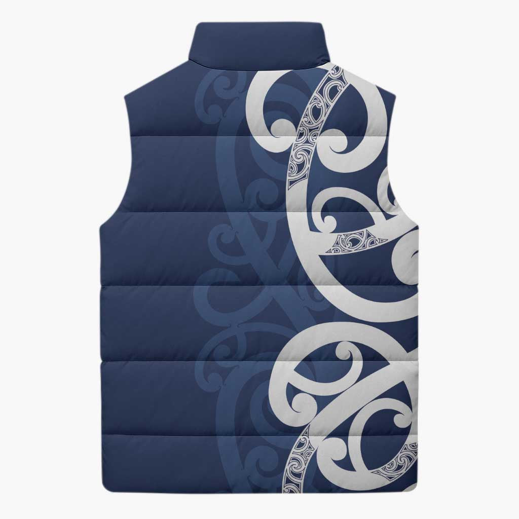 New Zealand Maori Mo Bros Sleeveless Puffer Jacket Blue Ribbon With Koru Kowhaiwhai - Aussie Hoodie