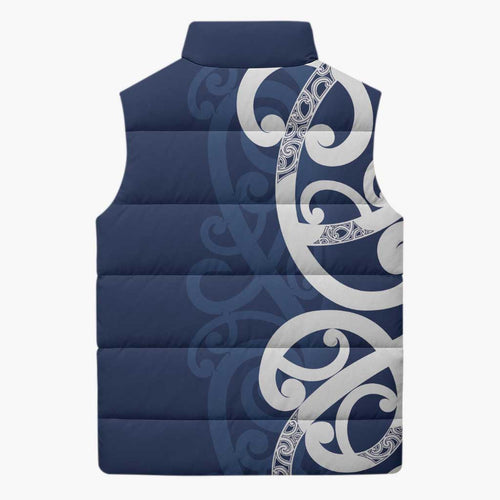 New Zealand Maori Mo Bros Sleeveless Puffer Jacket Blue Ribbon With Koru Kowhaiwhai - Aussie Hoodie