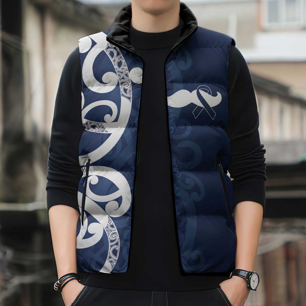New Zealand Maori Mo Bros Sleeveless Puffer Jacket Blue Ribbon With Koru Kowhaiwhai - Aussie Hoodie