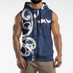 New Zealand Maori Mo Bros Sleeveless Zip Hoodie Blue Ribbon With Koru Kowhaiwhai LT7