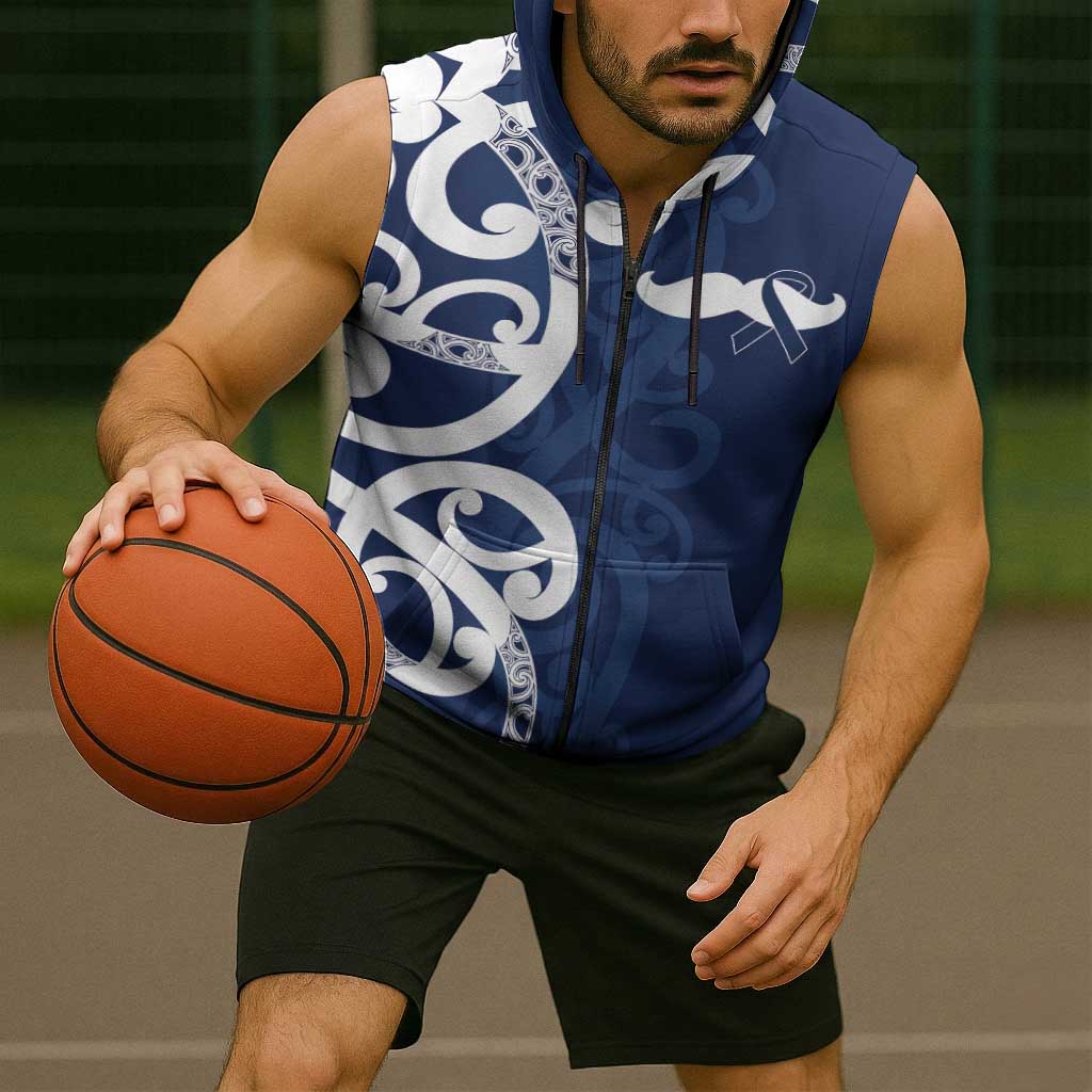 New Zealand Maori Mo Bros Sleeveless Zip Hoodie Blue Ribbon With Koru Kowhaiwhai LT7
