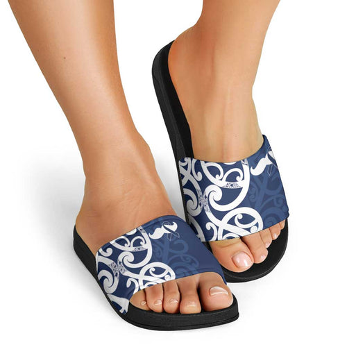 New Zealand Maori Mo Bros Slide Sandals Blue Ribbon With Koru Kowhaiwhai - Aussie Hoodie