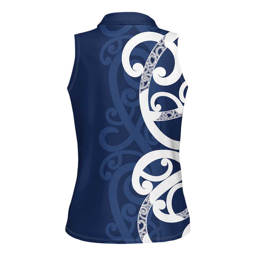 New Zealand Maori Mo Bros Women Sleeveless Polo Shirt Blue Ribbon With Koru Kowhaiwhai - Aussie Hoodie
