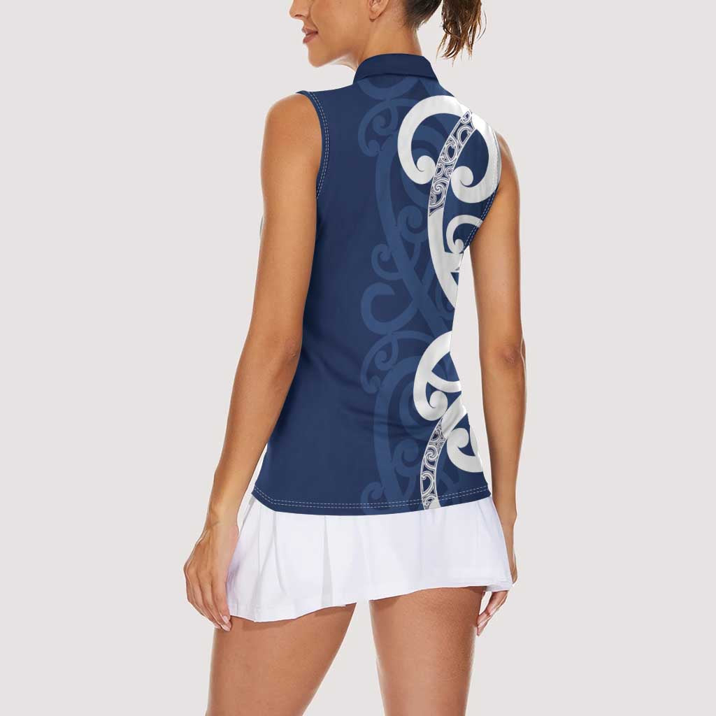 New Zealand Maori Mo Bros Women Sleeveless Polo Shirt Blue Ribbon With Koru Kowhaiwhai - Aussie Hoodie