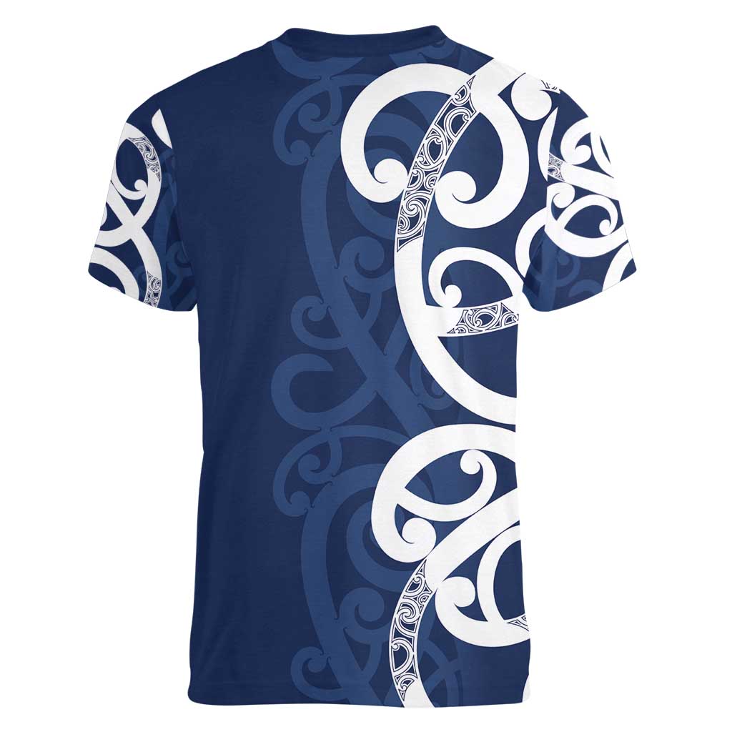 New Zealand Maori Mo Bros Women V-Neck T-Shirt Blue Ribbon With Koru Kowhaiwhai - Aussie Hoodie
