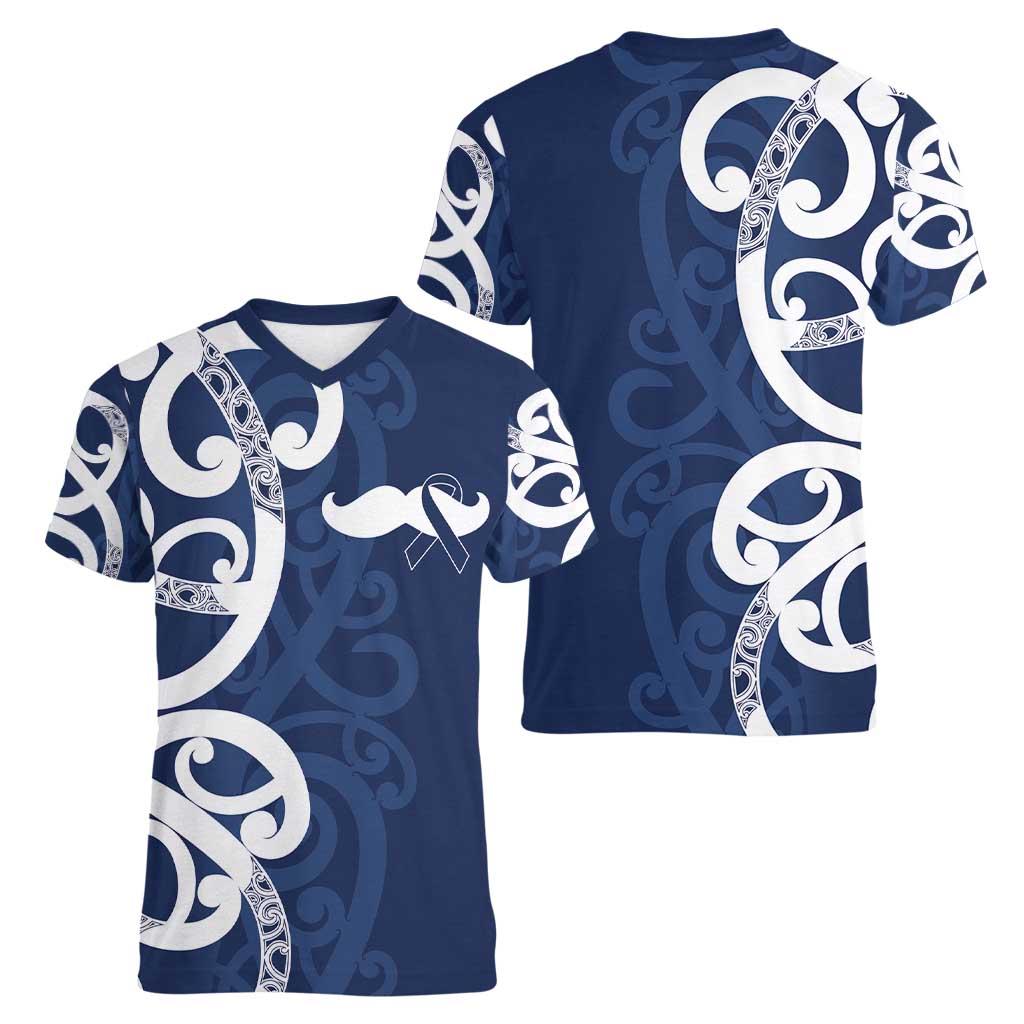 New Zealand Maori Mo Bros Women V-Neck T-Shirt Blue Ribbon With Koru Kowhaiwhai - Aussie Hoodie