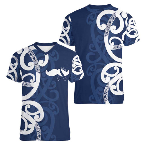 New Zealand Maori Mo Bros Women V-Neck T-Shirt Blue Ribbon With Koru Kowhaiwhai - Aussie Hoodie