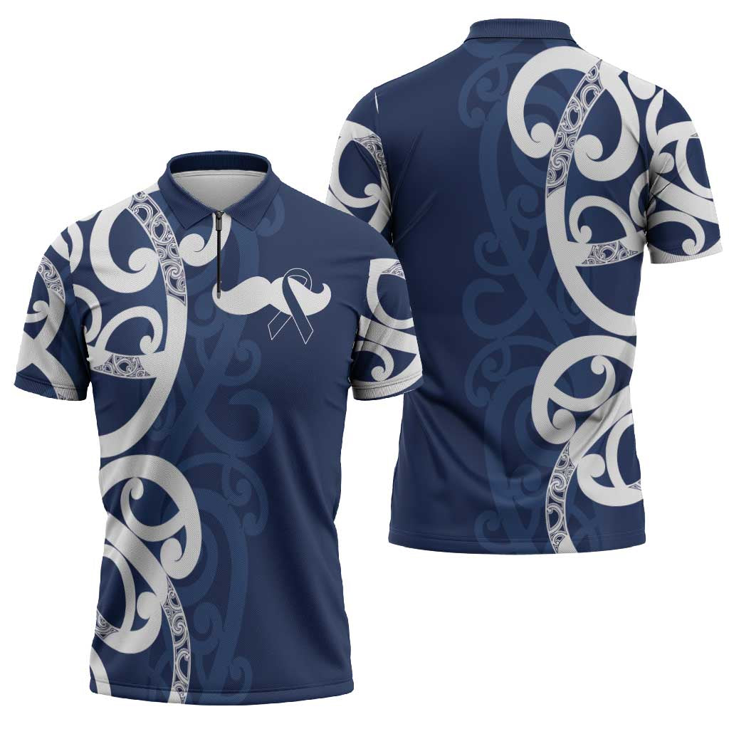 New Zealand Maori Mo Bros Zipper Polo Shirt Blue Ribbon With Koru Kowhaiwhai - Aussie Hoodie