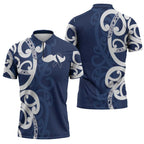New Zealand Maori Mo Bros Zipper Polo Shirt Blue Ribbon With Koru Kowhaiwhai - Aussie Hoodie