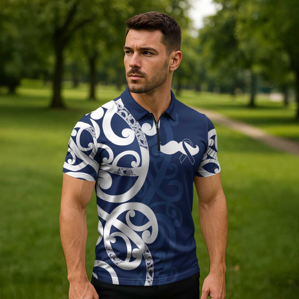 New Zealand Maori Mo Bros Zipper Polo Shirt Blue Ribbon With Koru Kowhaiwhai - Aussie Hoodie