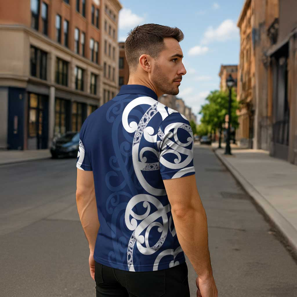 New Zealand Maori Mo Bros Zipper Polo Shirt Blue Ribbon With Koru Kowhaiwhai - Aussie Hoodie